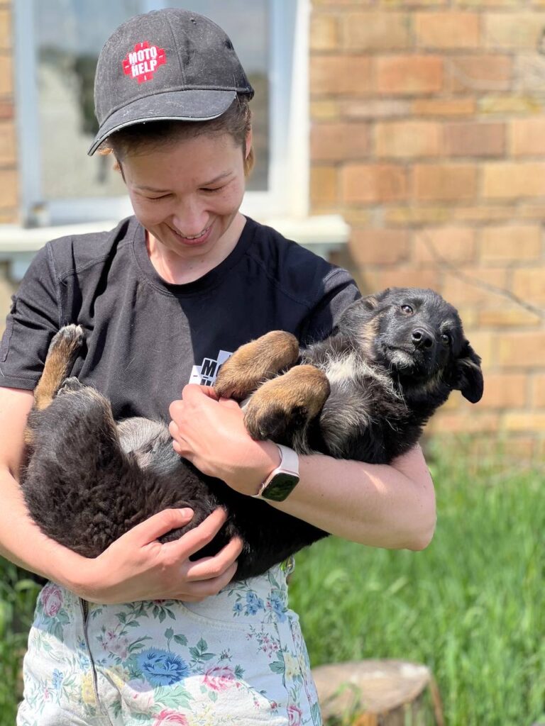 Photo of black puppy and its caretaker